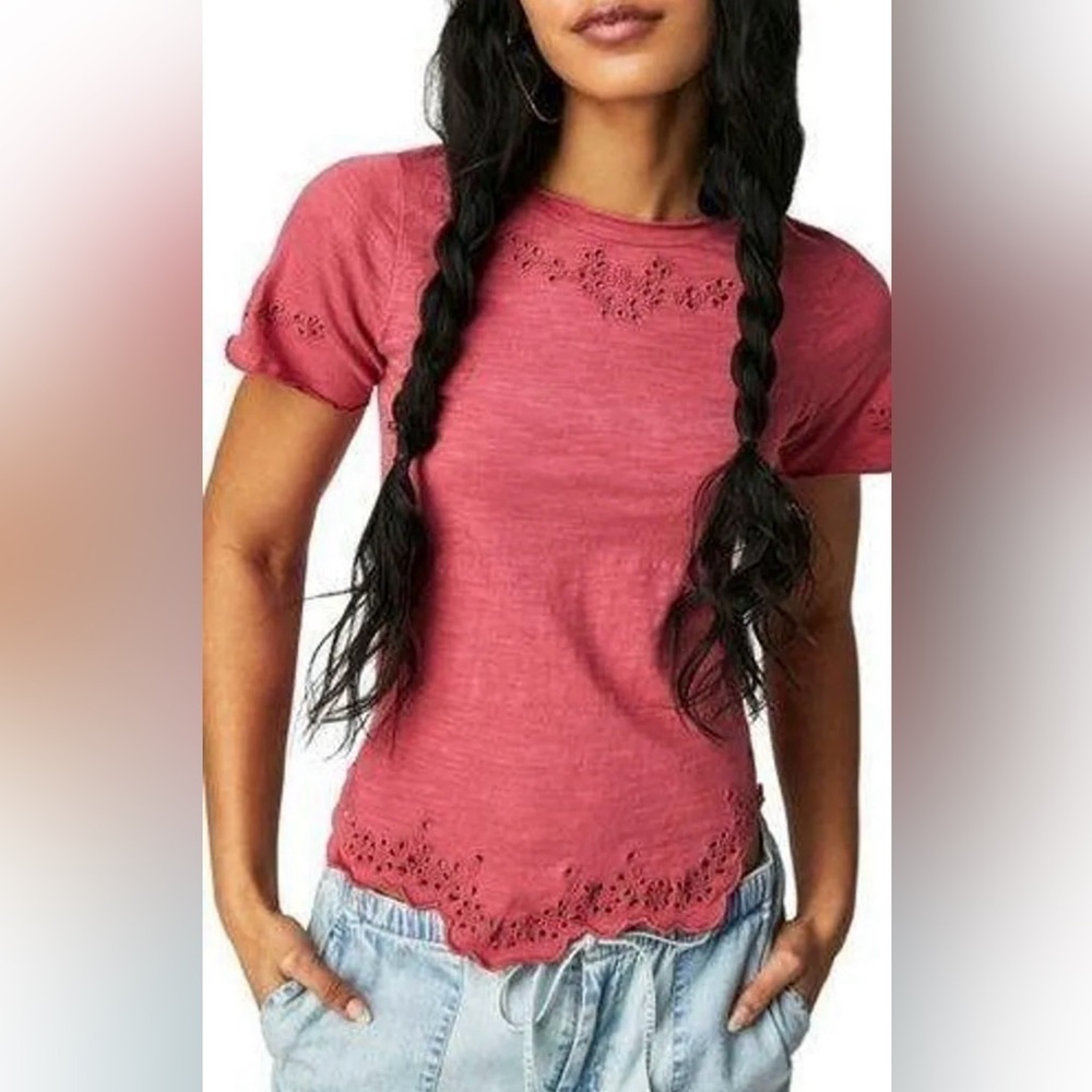 Free People Call Me Baby Lace Cutout Detail Short Sleeve Cotton Top